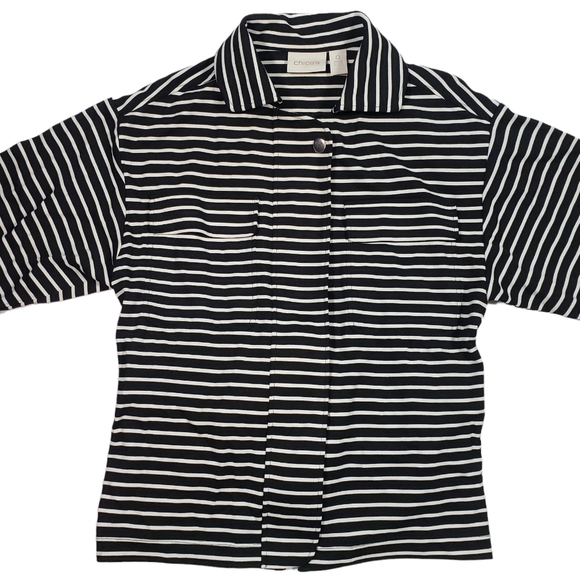 Chicos Black White Striped Jacket Size 0 US 4 SMALL Full Zip Belted Lightweight - Picture 5 of 14